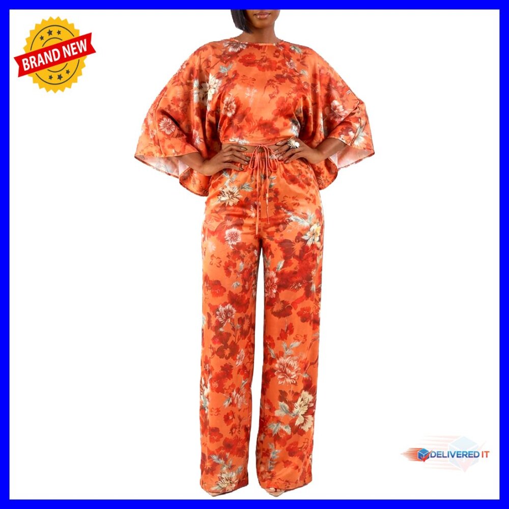 Large Polyester Blend Pant Set With Batwing Sleeves Adjustable Waist